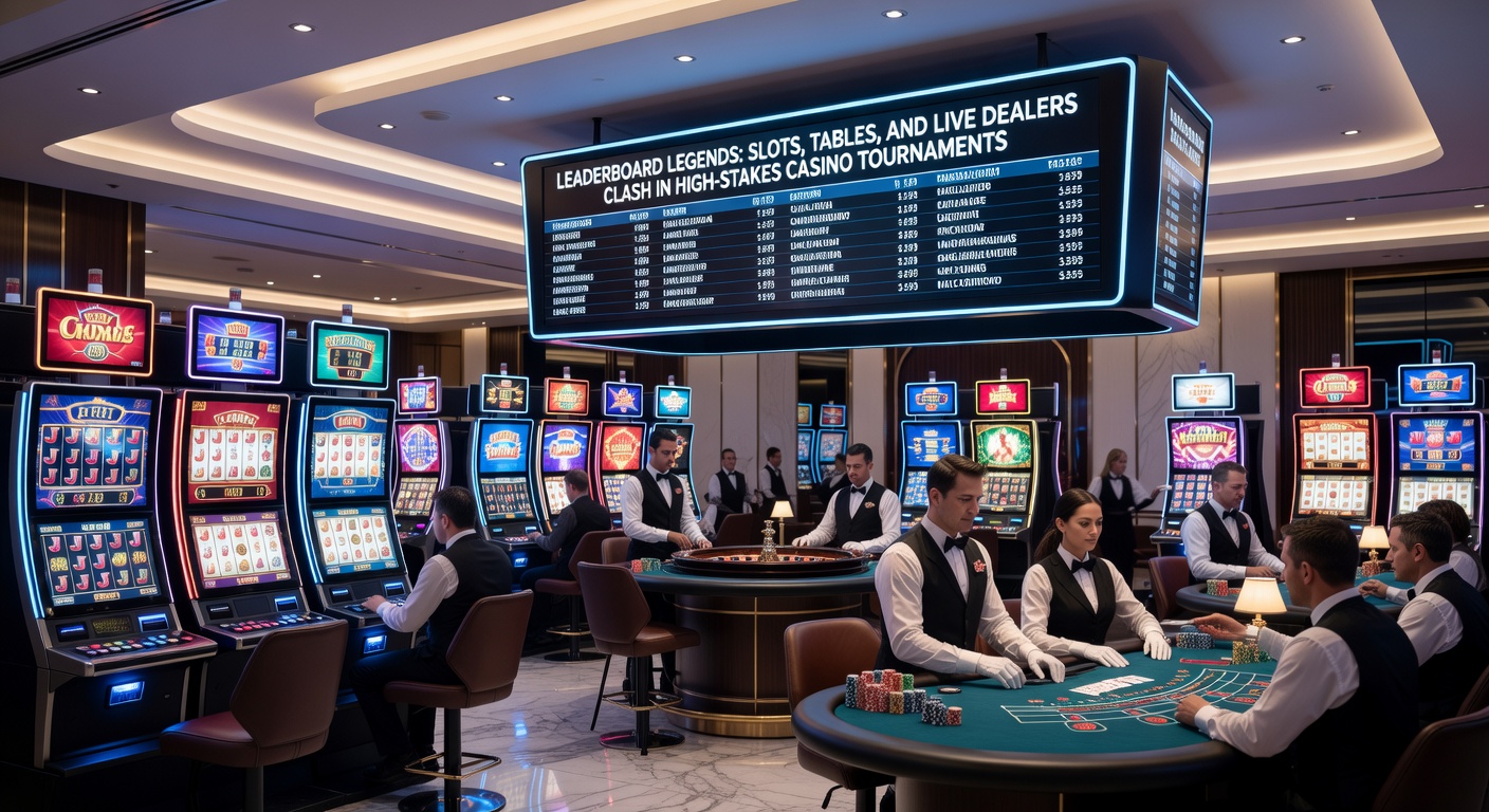 Thrilling casino tournament scene with leaderboard displaying top players in slots, tables, and live dealer games