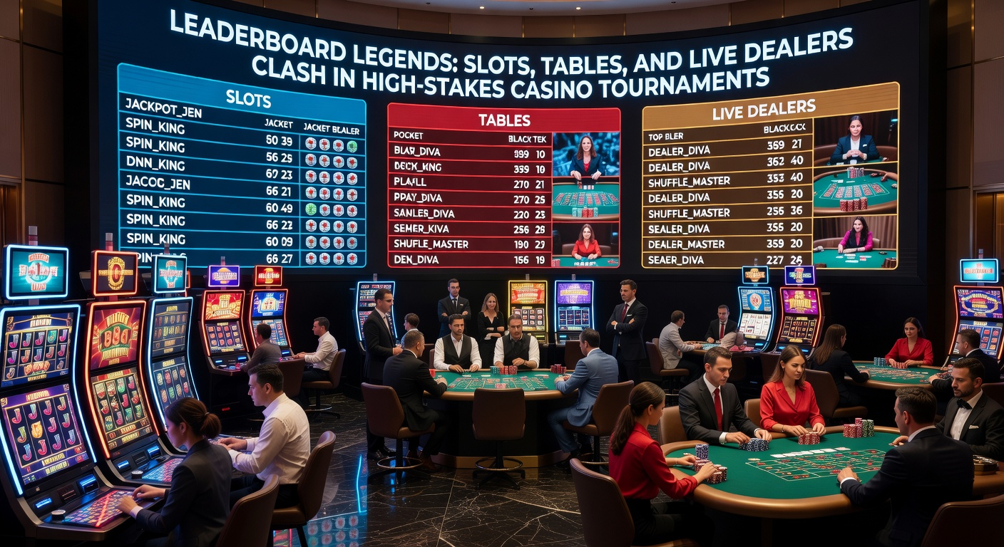 Intense table game tournament with players at blackjack and poker tables, leaderboard glowing in the background