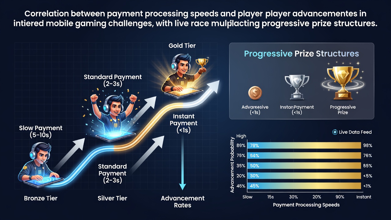 Mobile gaming interface showing payment processing indicators alongside tiered challenge progress bars and live interaction elements