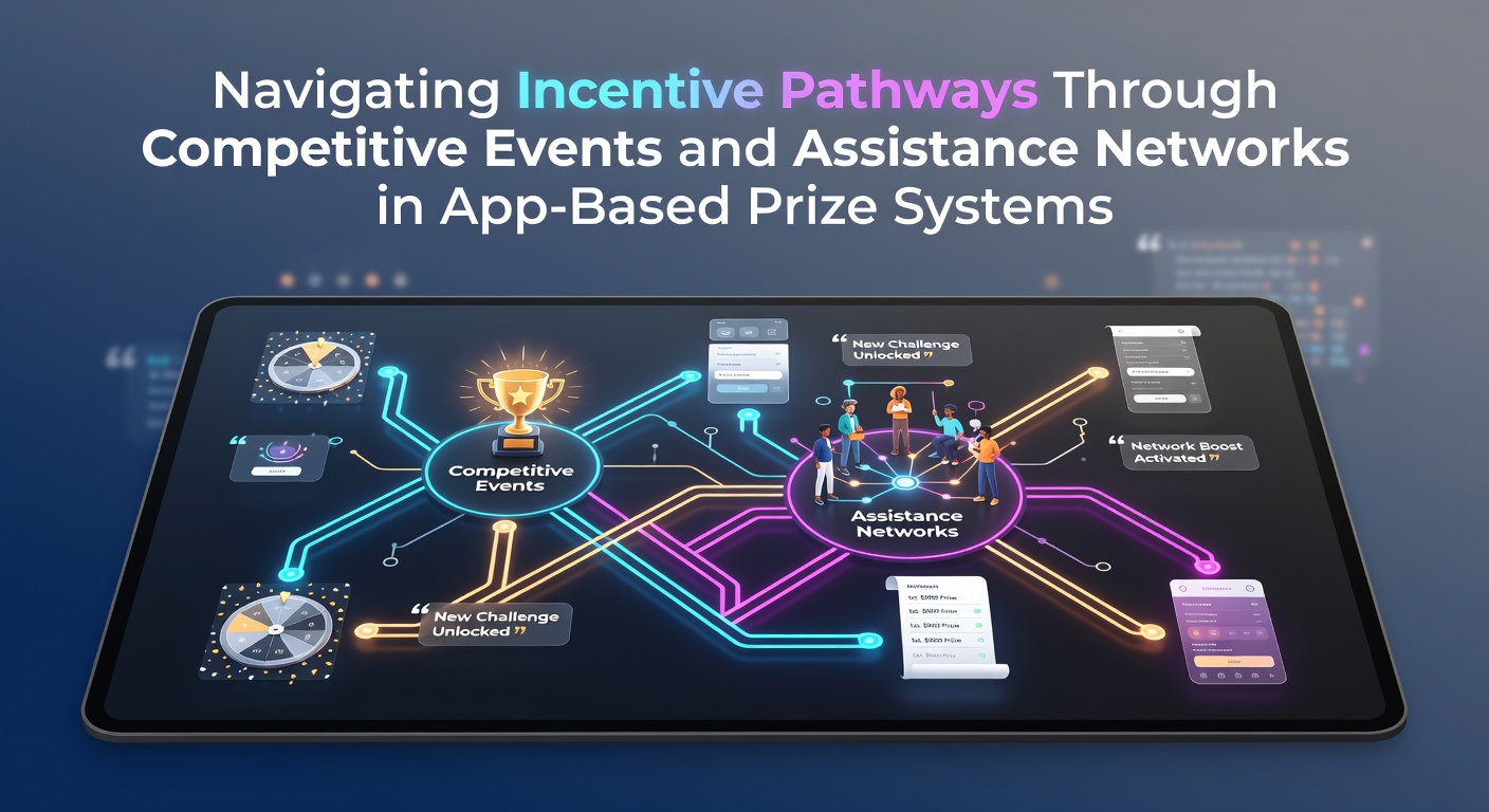 Users engaging with competitive events and assistance networks in mobile prize applications