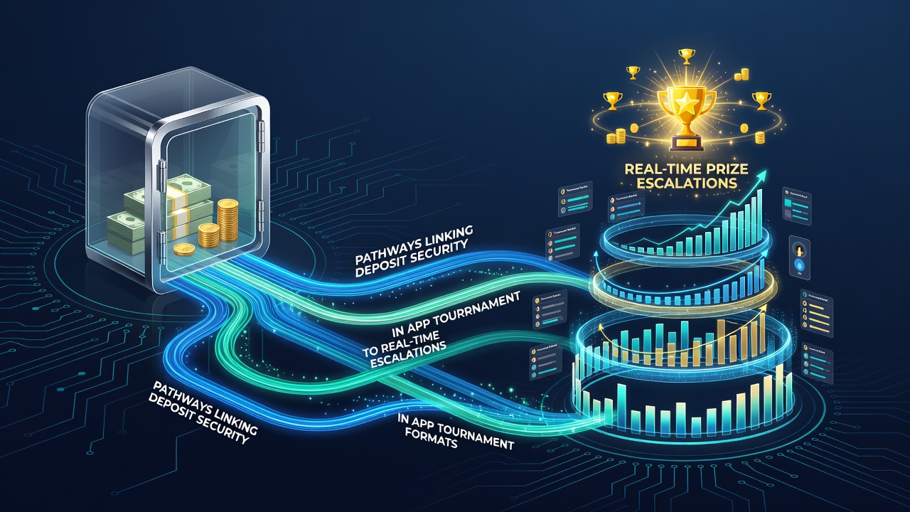 Real-time prize escalation dashboard displaying deposit security confirmations and live multiplier adjustments in an app tournament