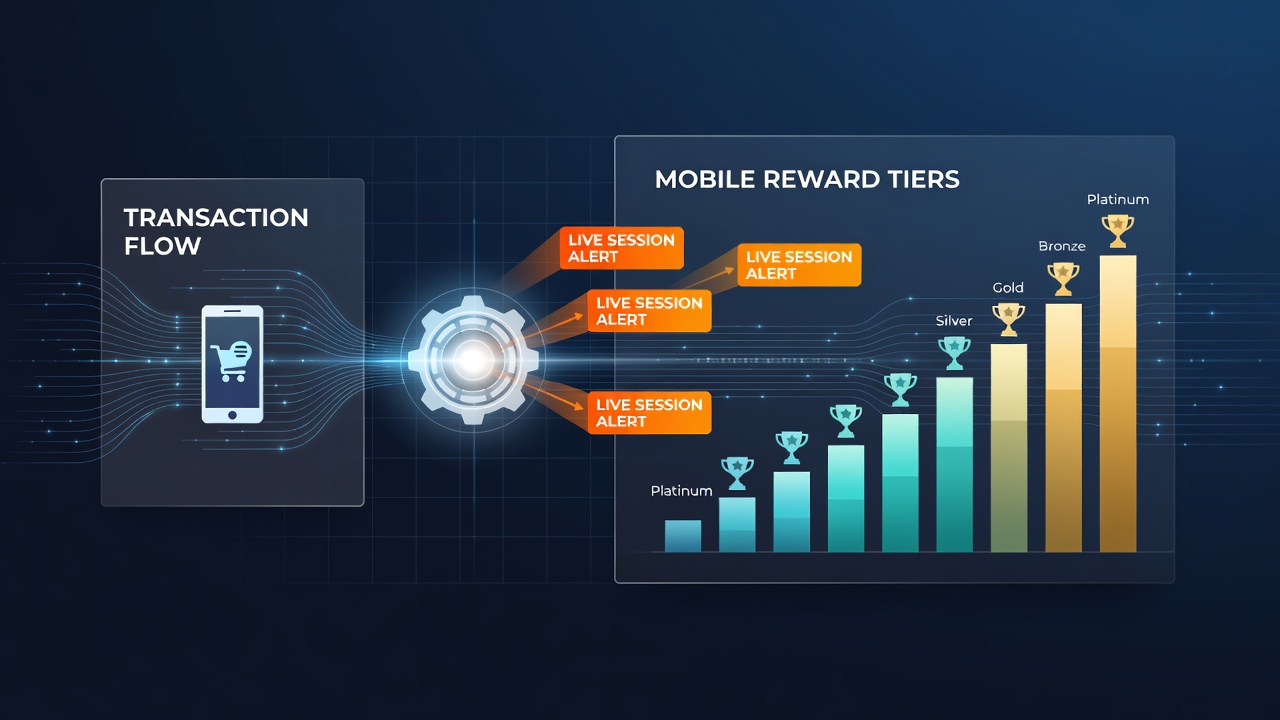 Mobile app interface showing synchronized transaction flows and live session alerts for reward tier progression