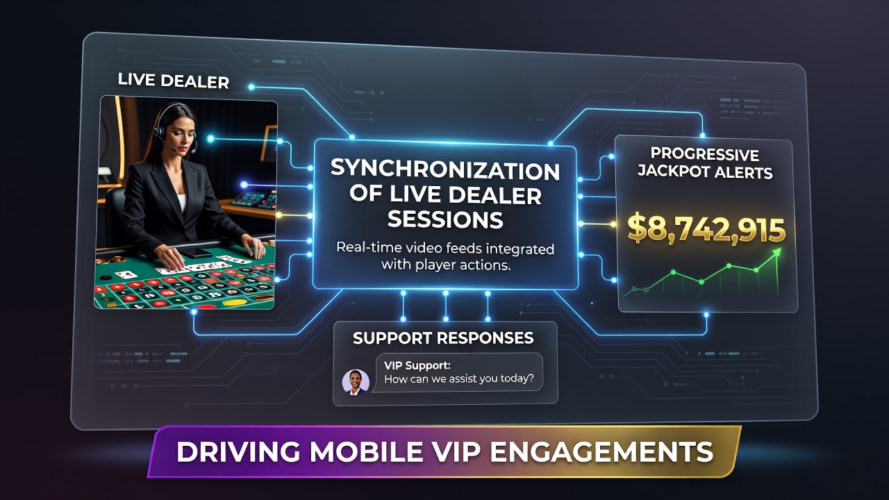Mobile device displaying synchronized live dealer interface with real-time jackpot notifications and support chat window