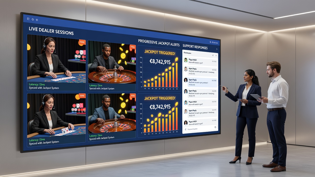 Dashboard view illustrating real-time coordination between live dealer feeds, jackpot meters, and customer support response times