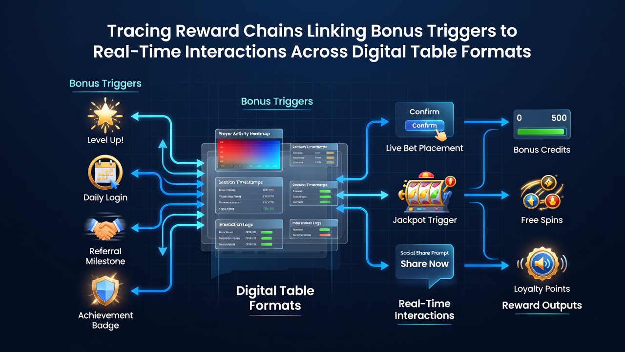 Flow diagram illustrating reward chain connections between bonus triggers and player interactions in online table games