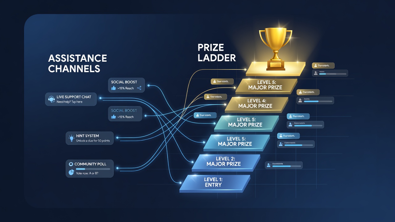 Mobile app interface displaying assistance chat alongside tiered prize ladder progress in a competition format