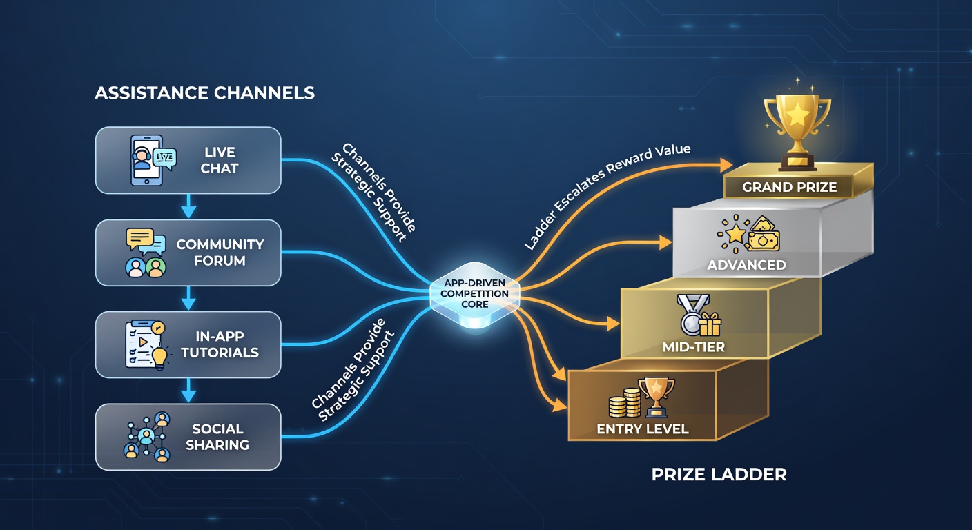 Data visualization showing connections between support tickets, user activity logs, and prize ladder tier advancements